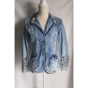 Dische Distressed Denim Jeans Embellished Rhinestones Women's Jacket Size M